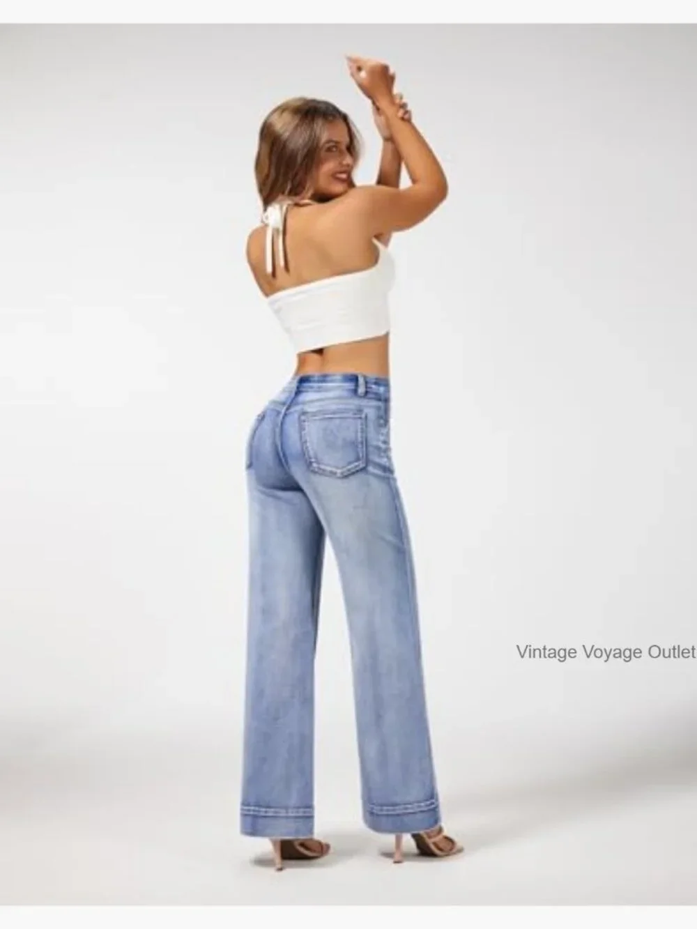 High Waisted Wide Leg Jeans Casual Stretchy Baggy Loose Long Trouser - Picture 4 of 6